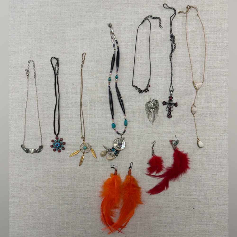 Assorted Women’s Feather Earrings and Pendant Necklaces - Red & Orange